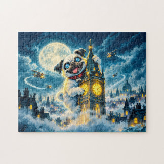 Giant Pug Climbing London Tower at Night Jigsaw Puzzle