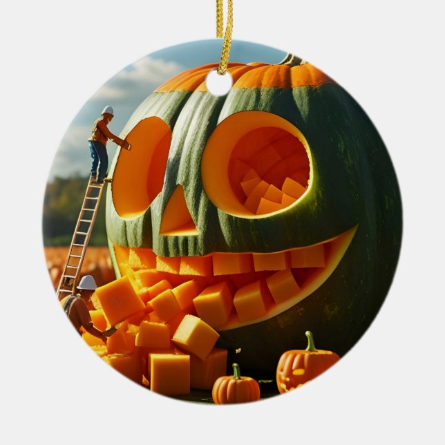 Giant Pumpkin Construction Crew Ceramic Tree Decoration (Front)