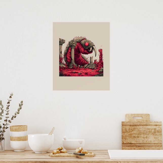 Giant Red Alien Worm Monster Poster (Kitchen)