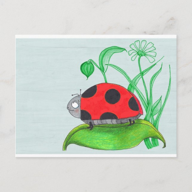 Giant red ladybug on a leaf postcard (Front)