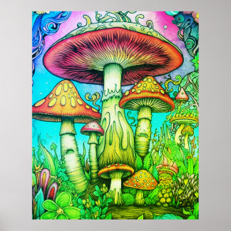 Giant Red + Yellow Whimsical Mushrooms On a Wall Poster
