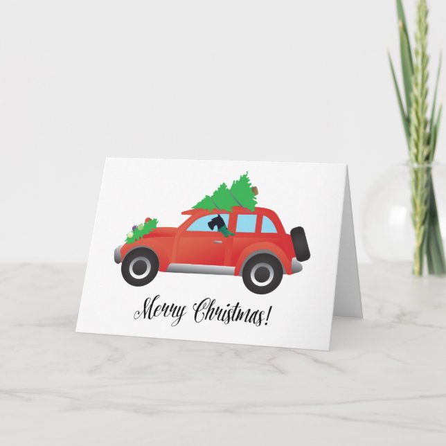 Giant Schnauzer Driving a Car - tree on top Holiday Card (Front)