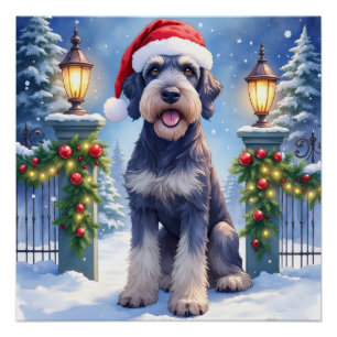 Giant Schnauzer Snowy Iron Fence Santa Christmas Poster