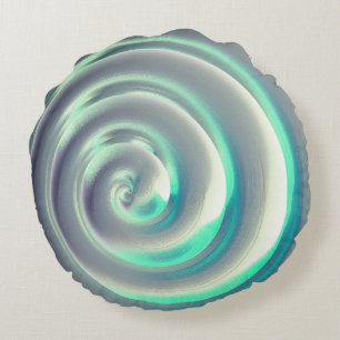 Giant silver and aquamarine spiral over white round cushion
