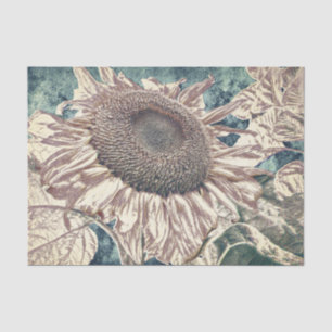 Giant Sunflower Vintage Teal Sepia Art Decoupage Tissue Paper