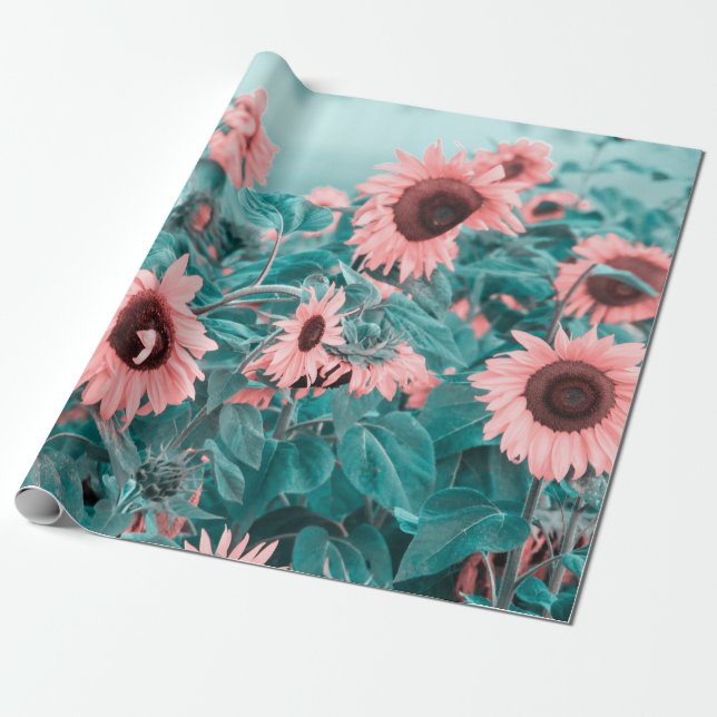 Giant Sunflowers Pink Teal Floral Art Decoupage Wrapping Paper (Unrolled)