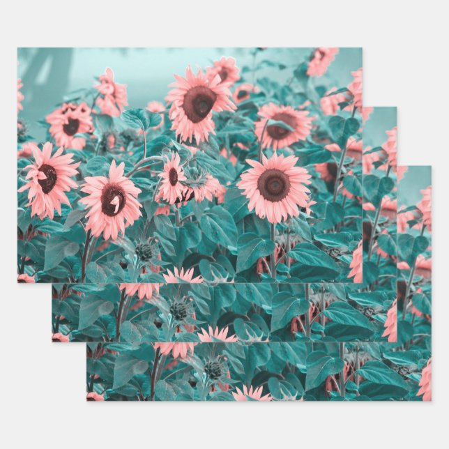 Giant Sunflowers Pink Teal Floral Decoupage Art Wrapping Paper Sheet (Set)
