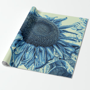 Giant Sunflowers Vintage Art Blue Green Decoupage Wrapping Paper