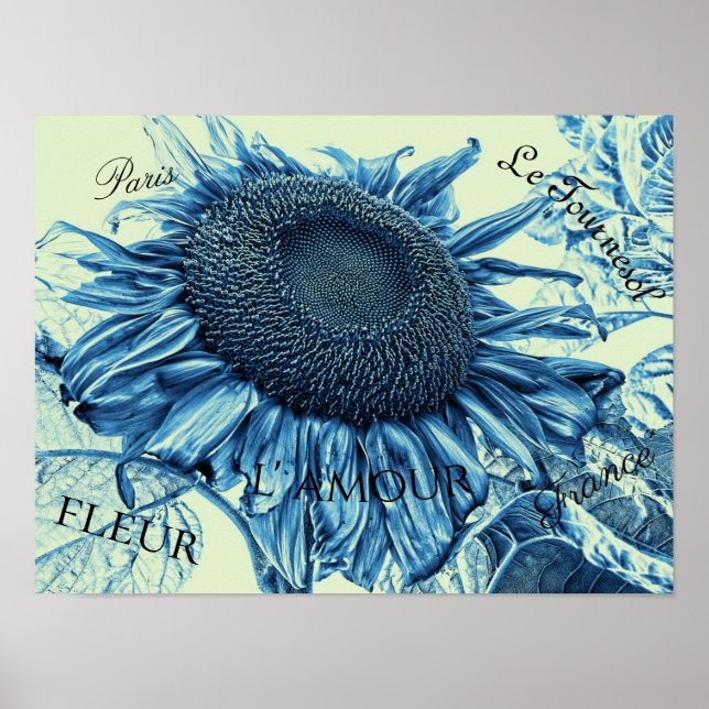 Giant Sunflowers Vintage Art Blue Green Script Poster (Front)