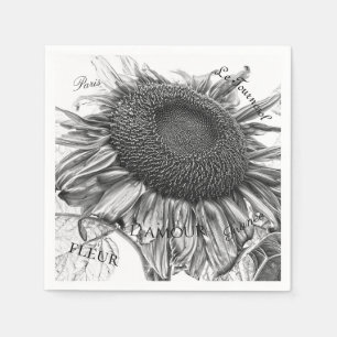 Giant Sunflowers Vintage Black And White Script Napkin