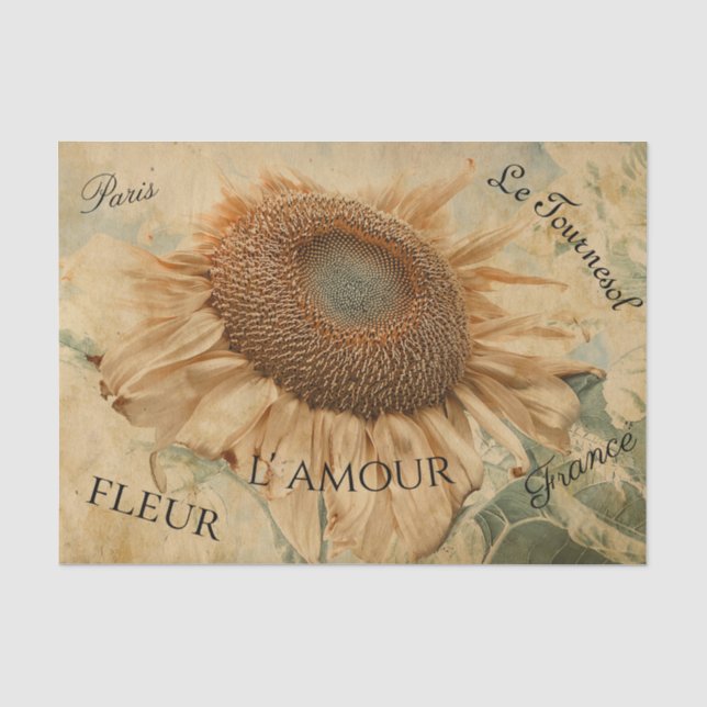 Giant Sunflowers Yellow Vintage Decoupage Script Tissue Paper (Front)
