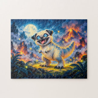 Giant T-Rex Pug on Tropical Volcano Island Jigsaw Puzzle