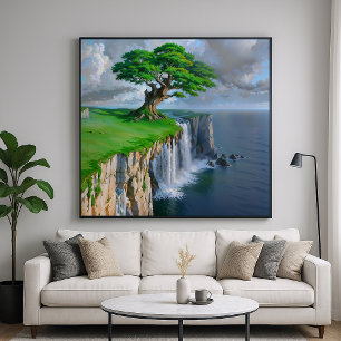 Giant Tree Cliff - Nature Landscape Art Style Poster