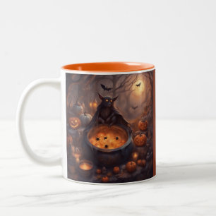 Giant Vampire Bat with a cauldron full of spiders  Two-Tone Coffee Mug