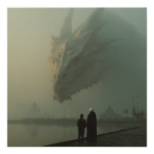 Giant White Dragon Over Misty City Pier Poster