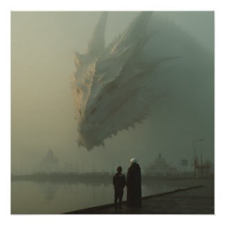 Giant White Dragon Over Misty City Pier Poster