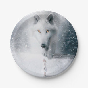 Giant white wolf paper plate