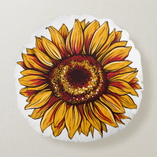 Giant Yellow and Red Sunflower Round Cushion