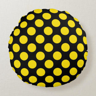 Giant Yellow Polka Dots on Black Round Pillow 