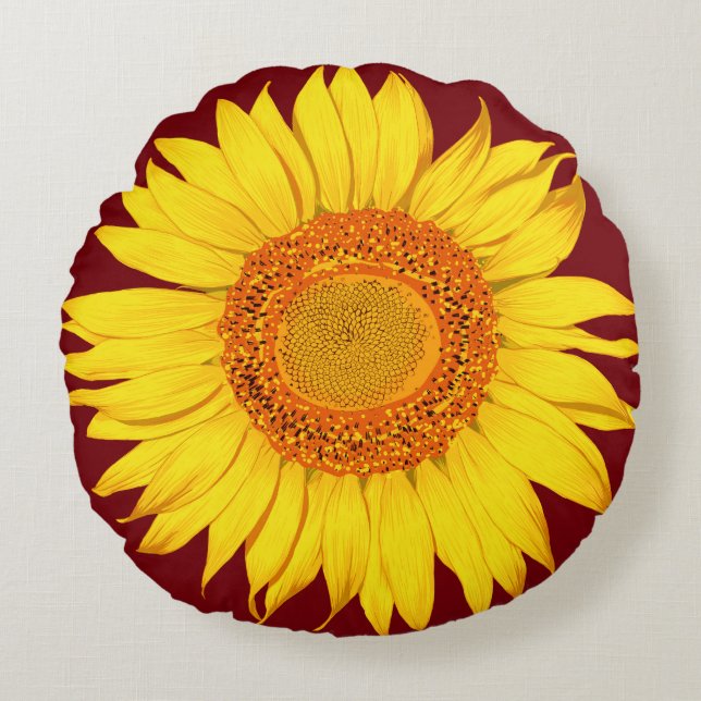 Giant Yellow Sunflower - Red Background Round Cushion (Front)