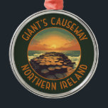 Giant's Causeway Ireland Retro Distressed Circle Metal Tree Decoration<br><div class="desc">Giant's Causeway in a vector art style. The Giant's Causeway is made up of over 40, 000 interlocking basalt columns that were formed by lava that cooled and contracted,  creating regular stress patterns and cracks.</div>