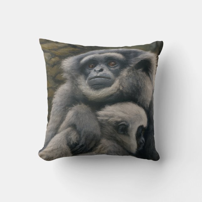 Gibbon Shelter – Emotional Wildlife Portrait Cushion (Front)