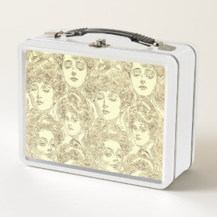 Gibson girl victorian pattern sepia gold brown metal lunch box