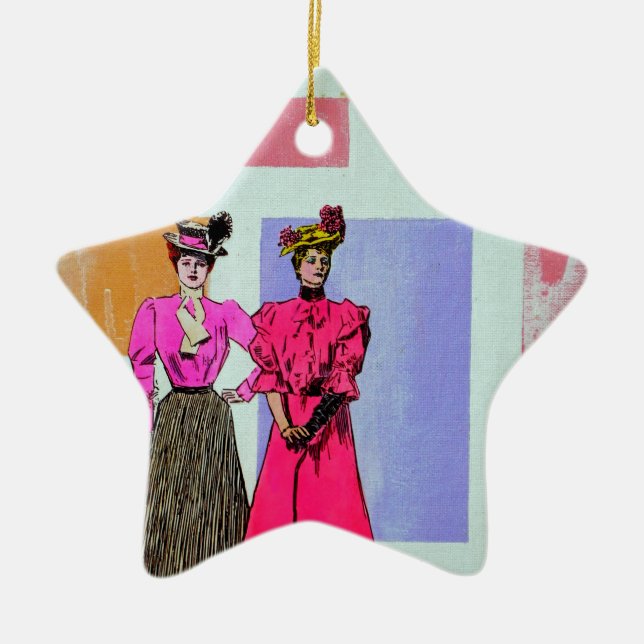 Gibson Girls in a Mondrian Pattern Ceramic Tree Decoration (Front)