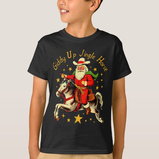Giddy Up Jingle Horse Funny Retro Santa Cowboy Chr T-Shirt (Front)