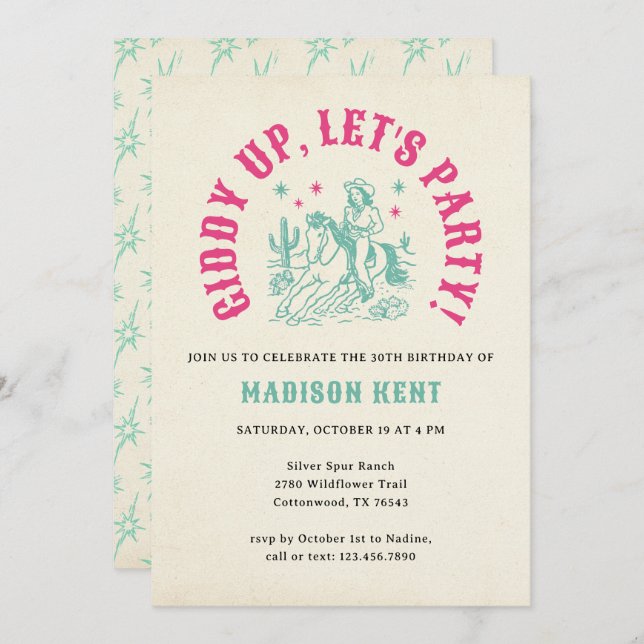 Giddy Up Let's Party Fun Modern Cowgirl Birthday Invitation (Front/Back)