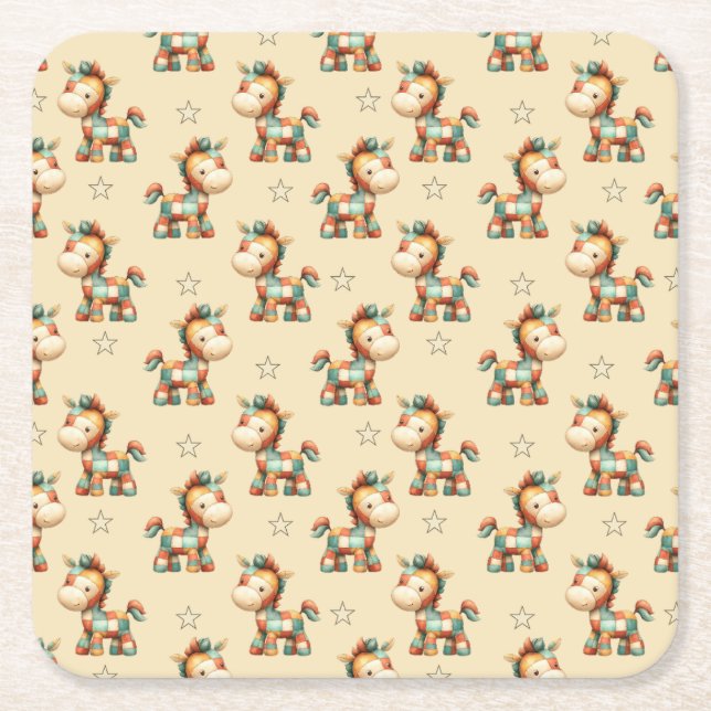 Giddy-Up Patchwork Pony Birthday Square Paper Coaster (Front)