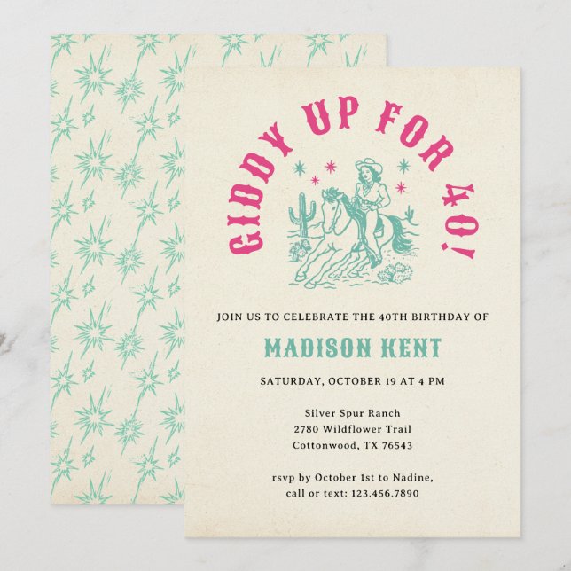 Giddy Up Pink Turquoise Cowgirl 40th Birthday Invitation (Front/Back)