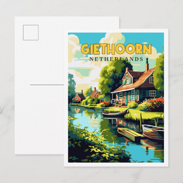 Giethoorn Netherlands vintage travel illustration Postcard (Front/Back)