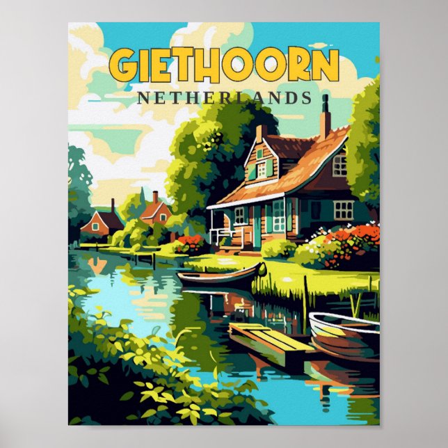 Giethoorn Netherlands vintage travel illustration Poster (Front)