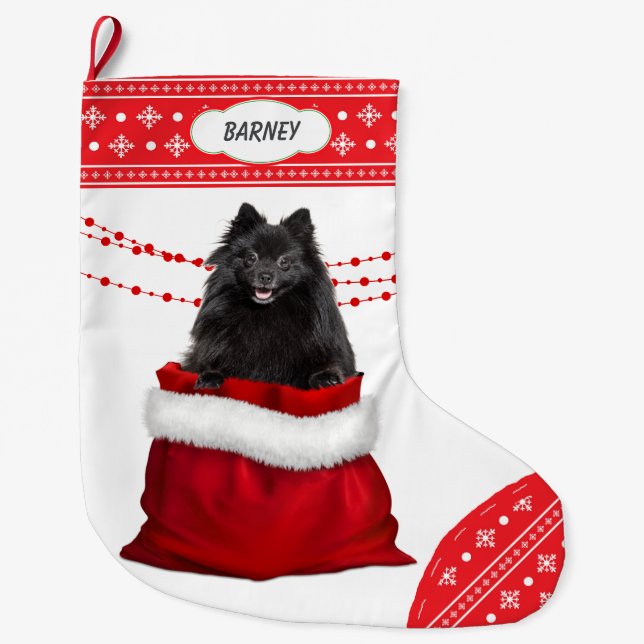 Gift Bag Black Pomeranian Dog Snowflake Border Large Christmas Stocking (Front)