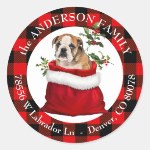Gift Bag Bulldog Puppy Plaid Frame Return Address Classic Round Sticker
