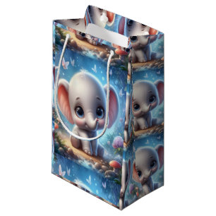 Gift Bag Cute Baby White Elephant Floral Blue