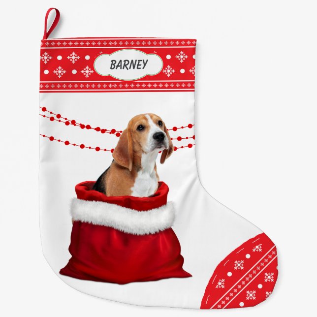 Gift Bag Cute Beagle Dog Snowflake Border Large Christmas Stocking (Front)