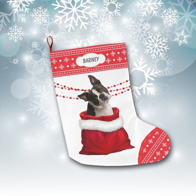 Gift Bag Cute Boston Terrier Dog Snowflake Border Large Christmas Stocking (Creator Uploaded)