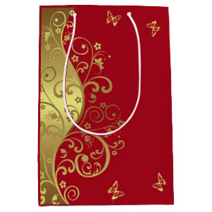 Gift Bag--Gold Swirls & Red Medium Gift Bag