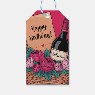 Gift Basket with Wine, Roses, and Custom Name Tags