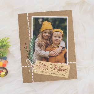 Gift & Bow Rustic Merry Christmas Holiday Photo Postcard