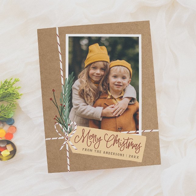 Gift & Bow Rustic Merry Christmas Holiday Photo Postcard (Creator Uploaded)