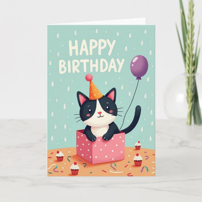 Gift Box Cat Birthday Card (Front)