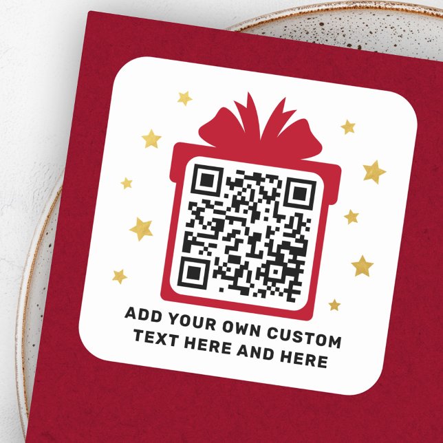 Gift box with faux golden stars QR code Christmas Square Sticker (Gift box with faux golden stars QR code Christmas Square Sticker)