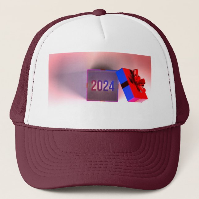 Gift Box with Ribbon Maroon Mesh 2024 year Printed Trucker Hat (Front)