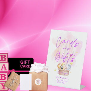 Gift Card Baby Animal Safari in Pink Hot Air  Pedestal Sign