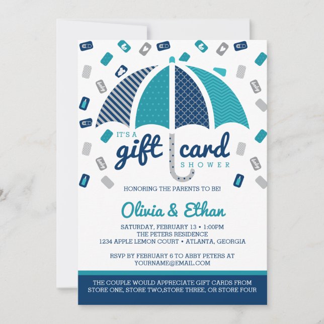 Gift Card Baby Shower Invitation, Navy, Teal (Front)