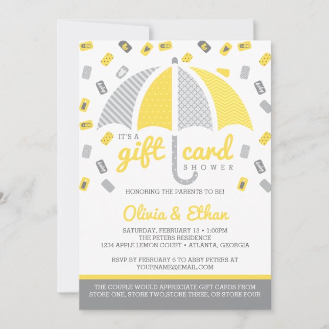 Gift Card Baby Shower Invitation, Yellow and Grey (Front)