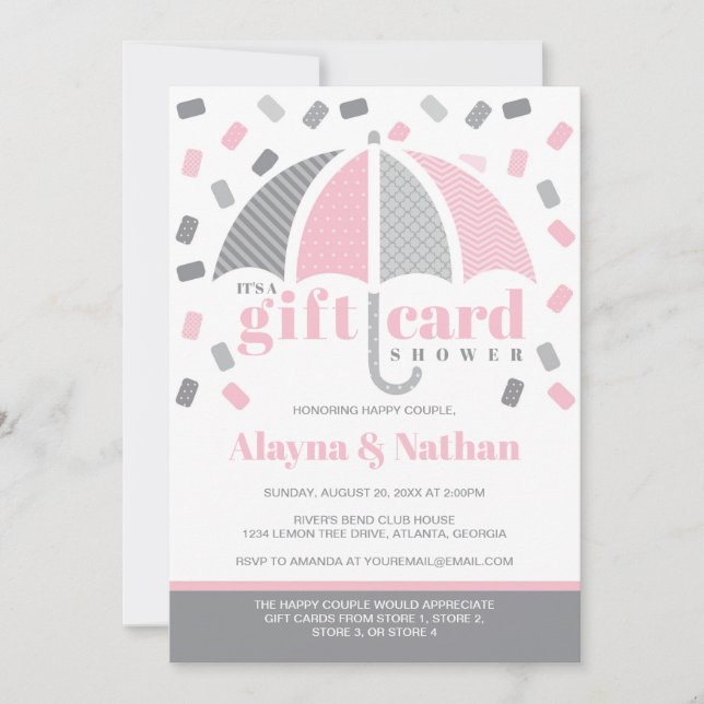 Gift Card Shower Invitation in Pink and Grey (Front)